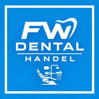 Logo von FW Dental Handel: weißes FW mit Zahn-Umriss, darunter Dental Handel und ein Behandlungsstuhl, auf blauem Grund mit weißem Rahmen
