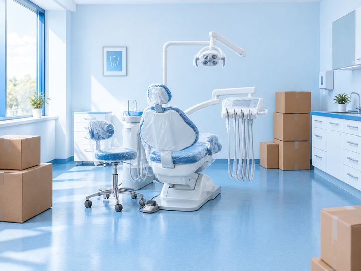 Behandlungszimmer bei einer Praxisauflösung mit Behandlungsstuhl und Hocker in Schutzfolie sowie gestapelten Umzugskartons.
